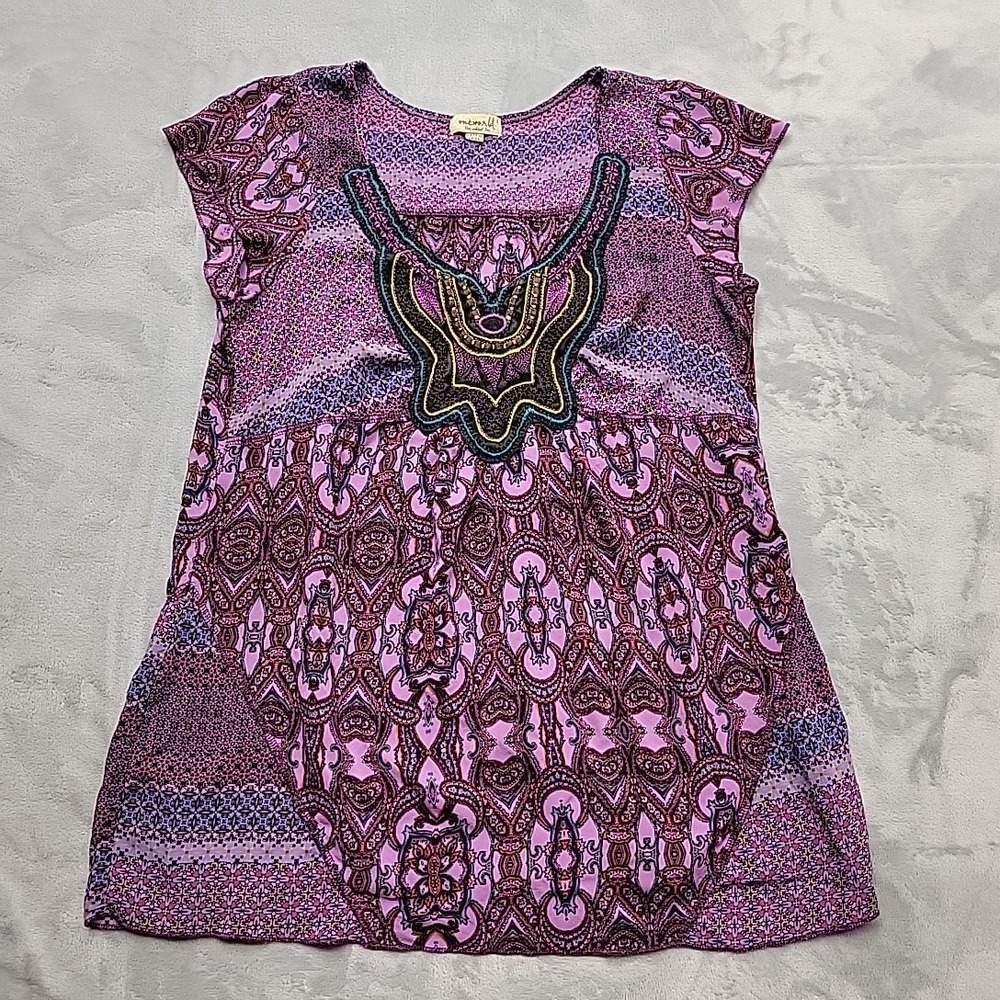 One World Shirt Womens Small Purple Tunic Beaded Embellished Paisley Boho Tunic